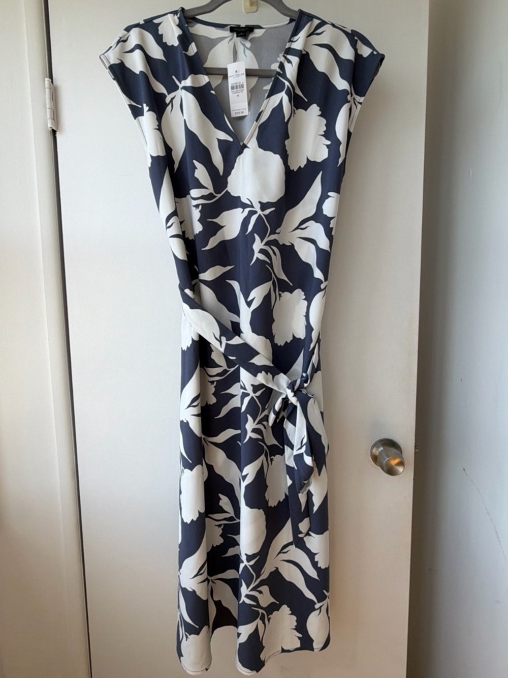 Ann Taylor Navy and White Floral Midi Wrap Dress